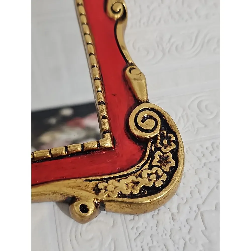 Vintage Red and Gold Ornate Accent Mirror Wall Hanging Scroll Accent Floral